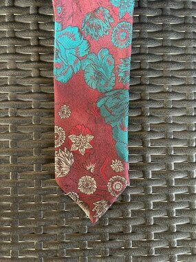 Vintage Oscar de la Renta Studio Floral Burgundy Teal Silk Necktie Designer